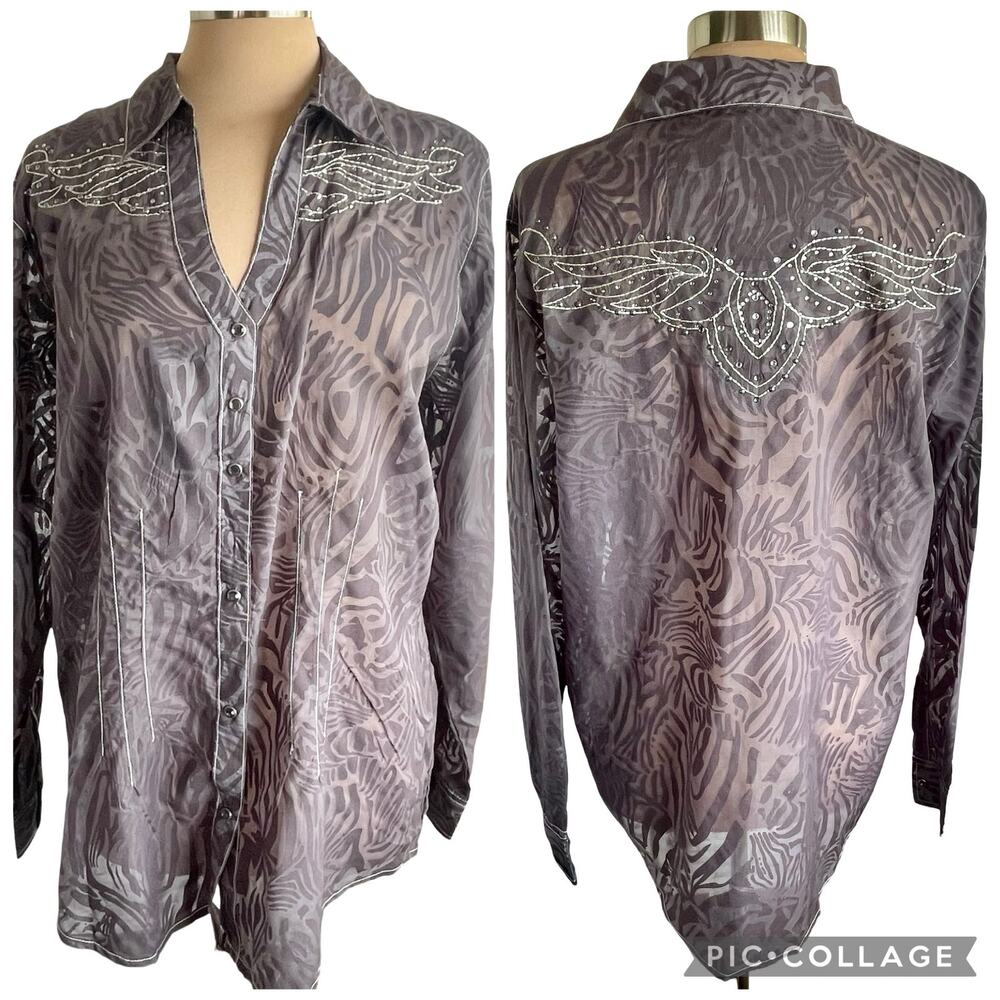 Rock 47 by Wrangler Pearl Snap Shirt Womens Sz XXL Embroidered Wings Rhinestones